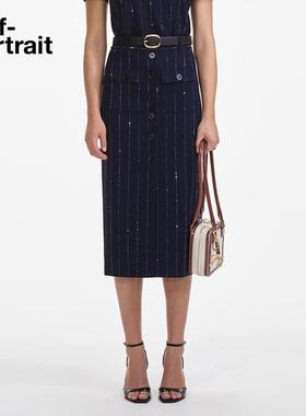 self-portrait 2025春夏藏蓝色烫钻条纹简约西装包臀半身裙
