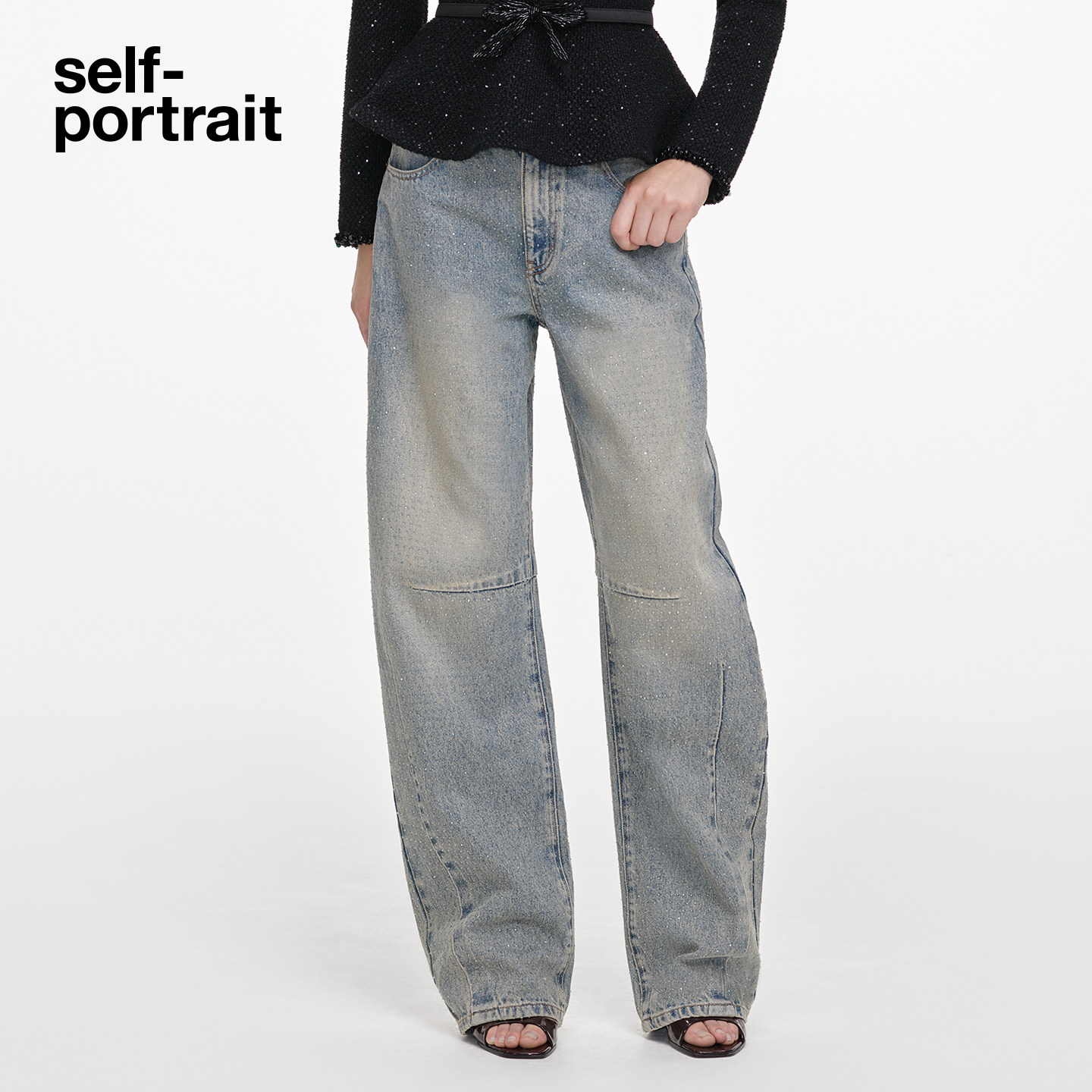 self-portrait牛仔弯刀阔腿裤
