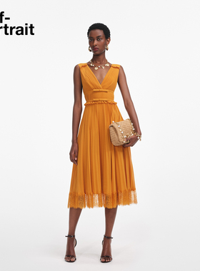 self-portrait 2025早秋新款亮橙色波嬉风气质V领无袖雪纺连衣裙