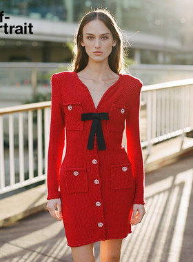 【赵丽颖同款】self-portrait 蝴蝶结扣饰红色针织裙