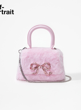 self-portrait 秋冬粉红色MICRO蝴蝶结毛绒手提包