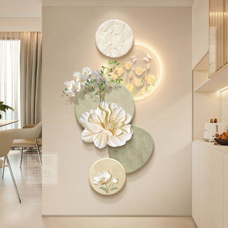 奶油风玄关装饰画创意花卉蝴蝶走廊过道挂画高级感立体砂岩壁画灯