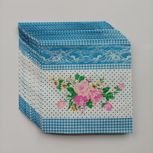 复古蓝色格子花朵印花纸巾 Blue Flower Paper Napkins Decoupage