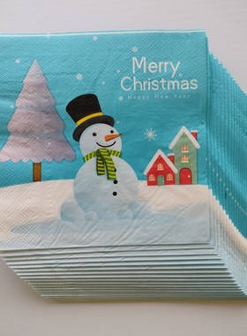 Christmas Snowman Blue Paper Napkins圣诞节新年雪人蓝色餐巾纸