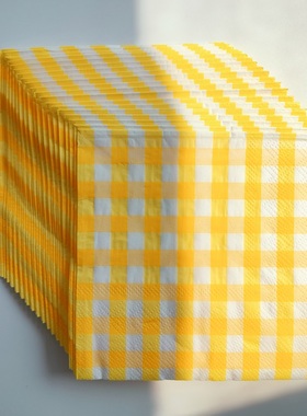 Yellow Plaid Paper Napkins Party 黄色小方格子彩色印花餐巾纸