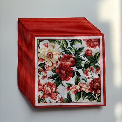 繁花似锦牡丹满版印花纸巾 Red Floral Luncheon Dinner Napkins