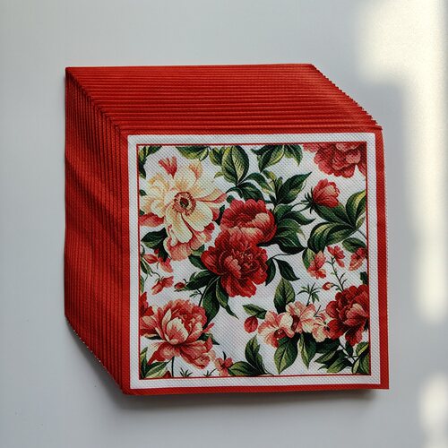 繁花似锦牡丹满版印花纸巾 Red Floral Luncheon Dinner Napkins