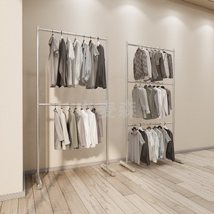 不锈钢网红家用双层落地衣帽架可升降3三层挂衣服架子带轮子移动