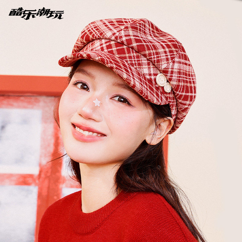 酷乐潮玩甜心莓莓复古格纹棒球八角帽女文艺报童帽显脸小蓓蕾帽子