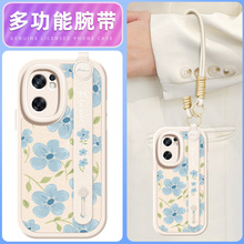蓝色花瓣适用opporeno7手机壳Reno6pro小羊皮reno5/4/3新款5K腕带斜挎挂绳可背4se女款5G软壳oppo网红硅胶