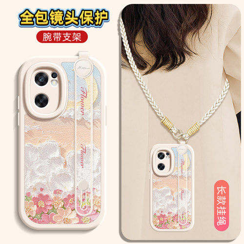 油画花朵适用opporeno7手机壳Reno6pro保护套reno5/4/3新款5K腕带斜跨挂绳可背4se女款5G软壳oppo网红硅胶