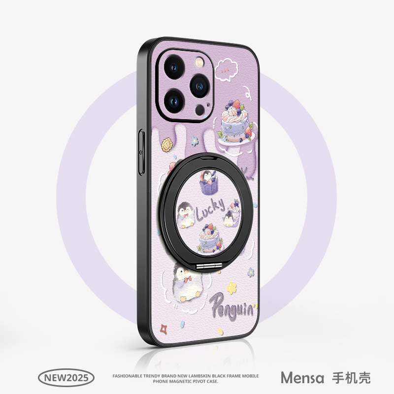 企鹅蛋糕适用苹果16手机壳iphone15ProMax支点14新款13磁吸支架xs旋转11/12女男款16plus卡通7/8plus小羊皮