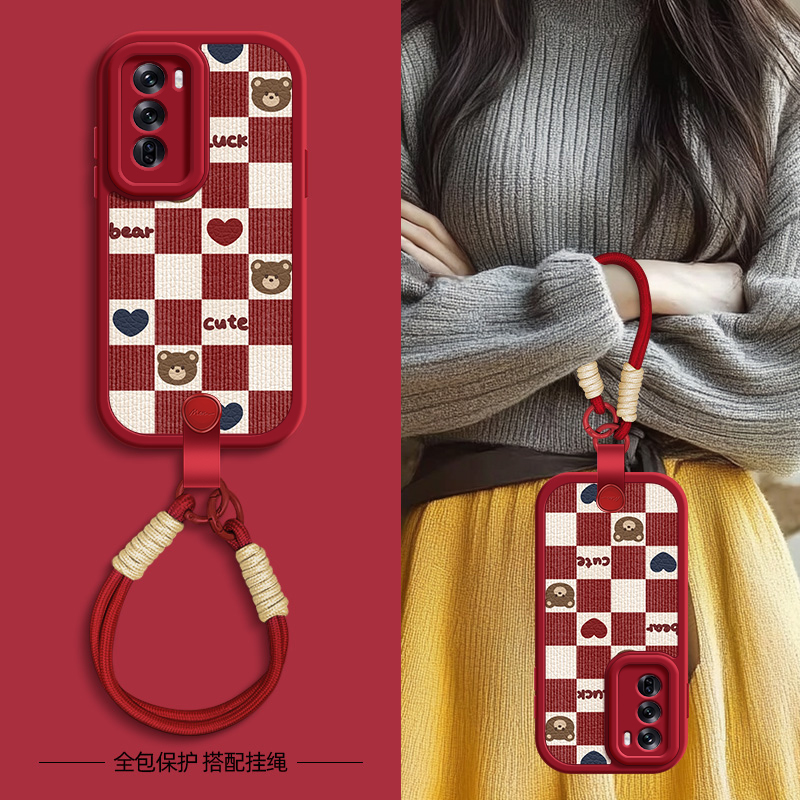 红白格熊适用opporeno13手机壳Reno12pro保护套reno11/9/8新款10pro+新春新年挂绳可背女款软oppo网红硅胶