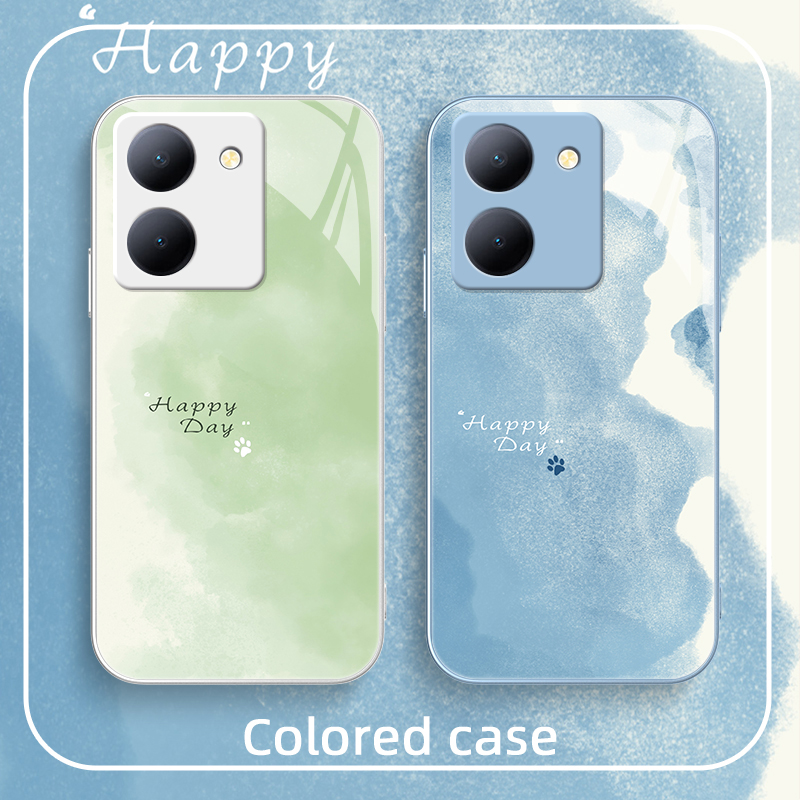 渐变蓝绿适用vivoy200新款手机壳女款y100i保护套y78金属漆玻璃卡通可爱y52s/y77高级感y53s全包防摔合适夏天