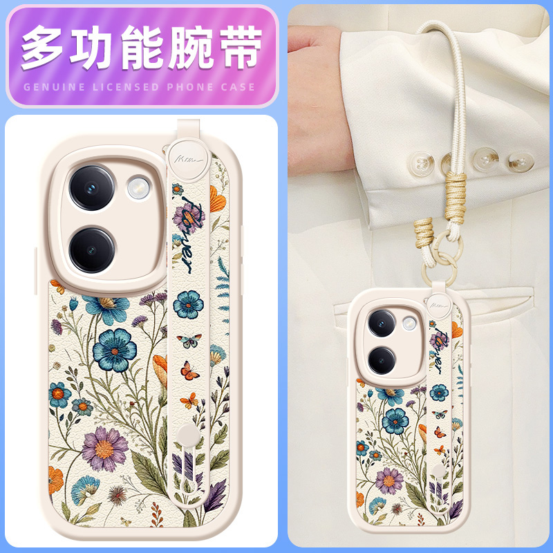 彩蝶花卉适用vivoy300pro手机壳y200小羊皮y100/100i新款y200GT/200T/200i腕带斜挎挂绳可背vivo女款网红硅胶