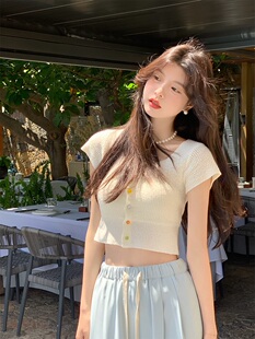 范智乔 法式方领上衣女夏修身短款露脐针织衫短袖薄款百搭打底衫