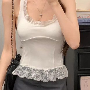 挂脖上衣 纯欲蕾丝小吊带背心女夏白色设计感短款 修身 辣妹法式 无袖