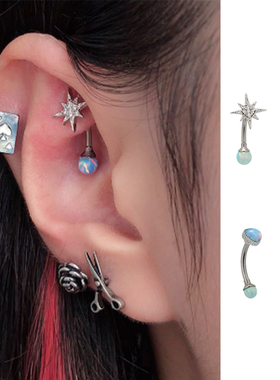 个性超闪八角星蓝色紫色白色澳宝球ROOK弯粗针钛钢耳骨钉高级耳饰