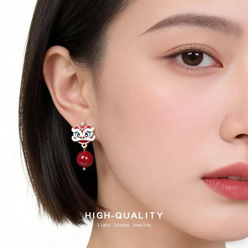 新中式国潮红色醒狮耳环手工彩绘银针耳钉小众设计可爱精致耳饰女,饰品/流行首饰/时尚饰品新,耳环,淘宝优惠券,粉丝福利购,淘宝优惠卷