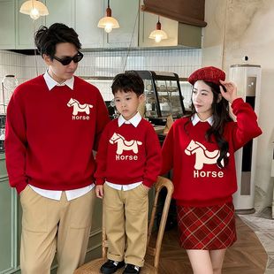 红色喜庆拜年服 圆领印花卫衣一家三口高端全家装 亲子装 秋冬新款