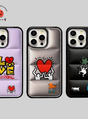 潮牌充棉keithharing涂鸦羽绒服适用苹果手机壳iPhone16promax情侣款15promax创意14promax防摔13pro保护套12