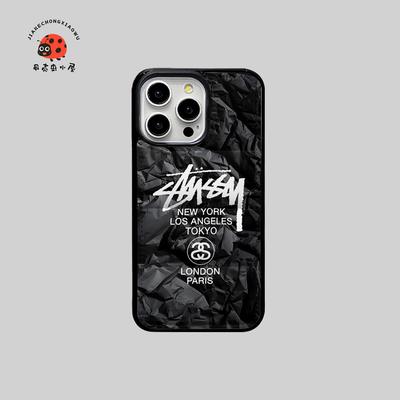 潮牌充棉黑皱纹斯图西羽绒服适用苹果iPhone16promax手机壳15promax创意个性炫酷14promax防摔13promax保护套