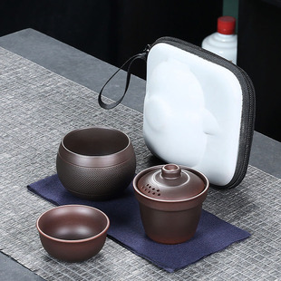 简易陶瓷快客杯户外露营紫陶泡茶壶茶杯便携收纳 紫砂旅行茶具套装