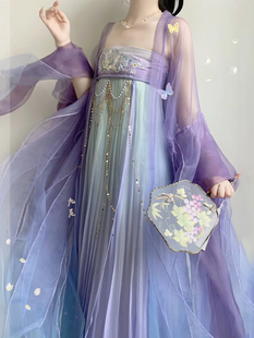 出租汉服女紫烟破烂大袖衫仙气齐胸穿孔肩带刺绣透气清新春夏租赁