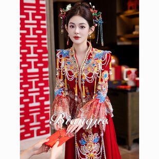 出租重工高端V领丝绒秀禾服婚服小个子修身 租赁 出阁嫁衣新娘款