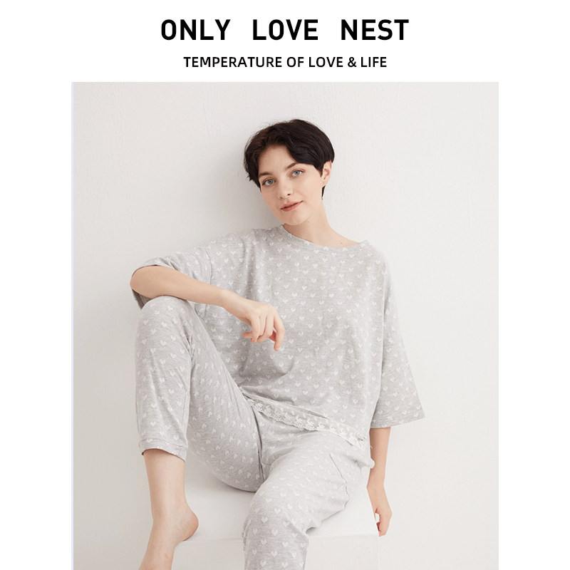 Only love nest/唯爱小窝女士蕾丝纯棉睡衣春夏款半袖爱心家居服