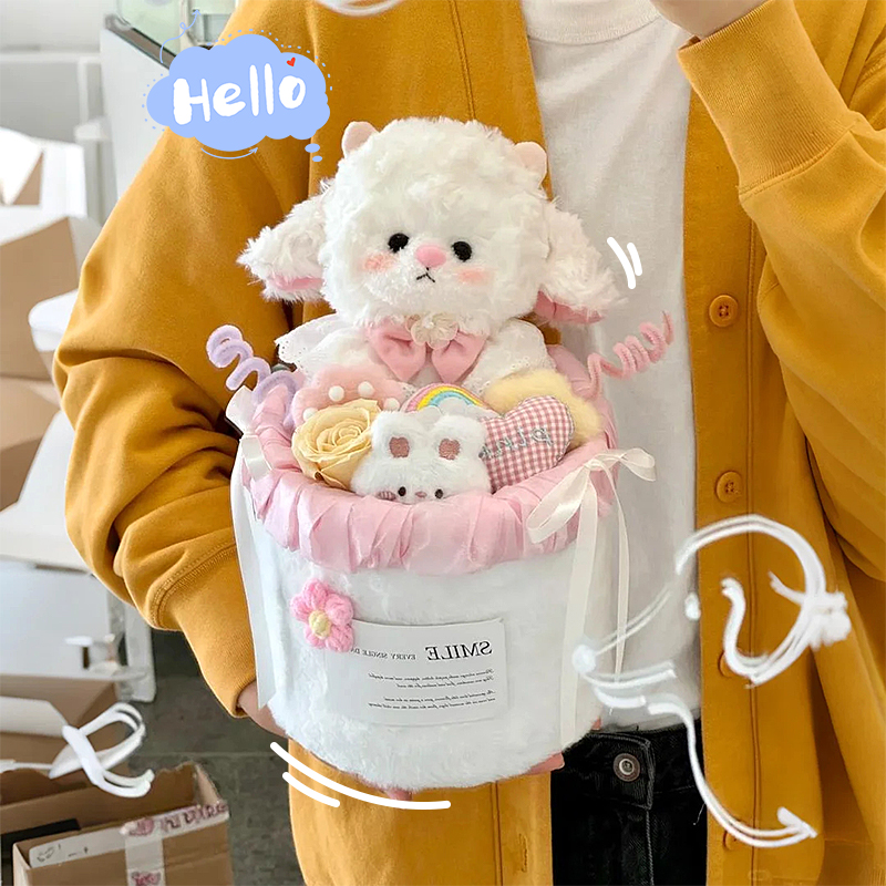 小羊玩偶花束毛绒抱抱桶七夕礼物