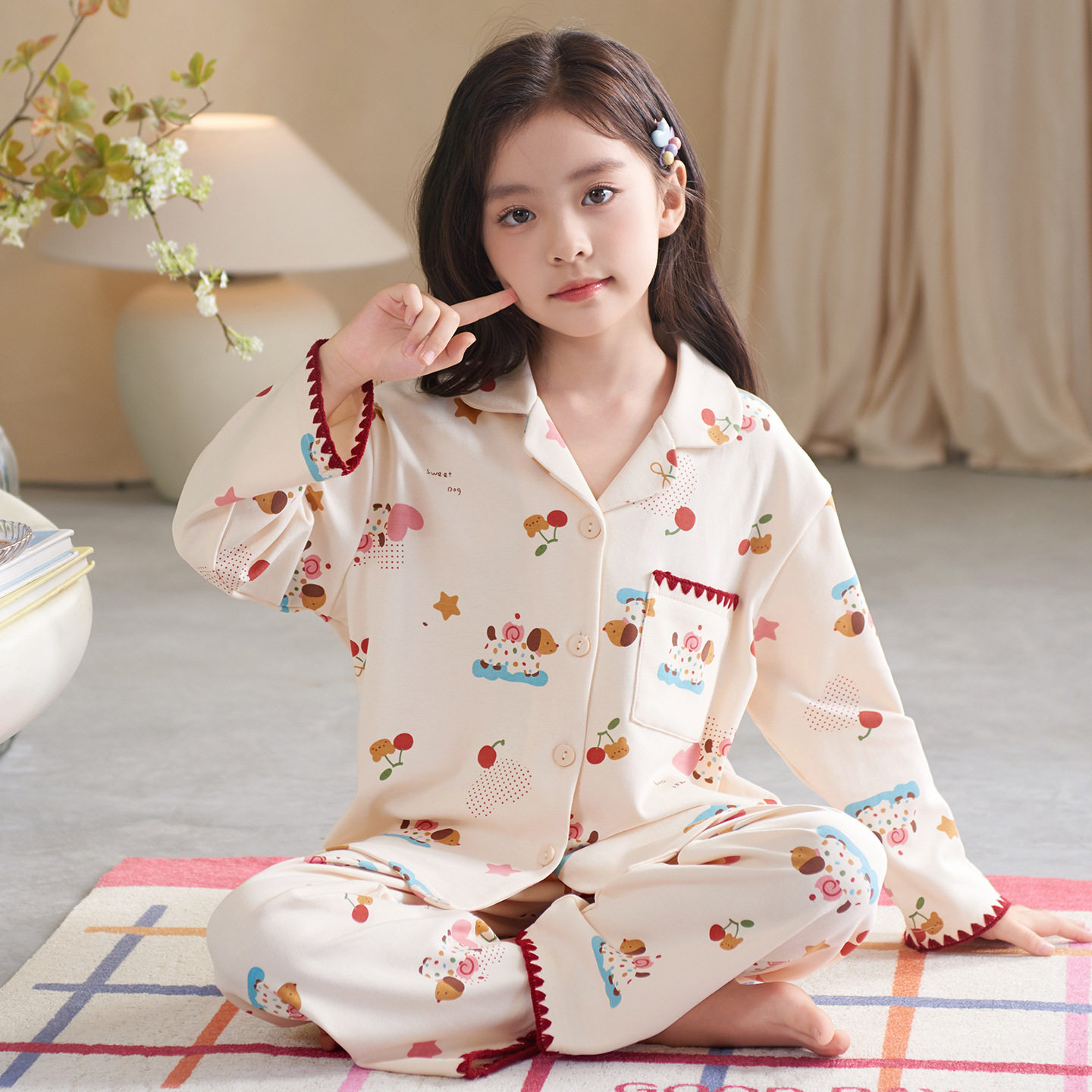 新款秋季纯棉长袖洋气全棉女孩中大童儿童春秋家居服女童睡衣2026