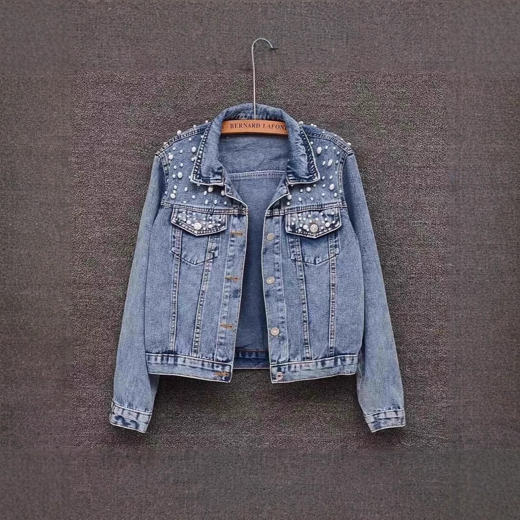 Nail bead denim jacket重工钉珠短款牛仔外套女珍珠大码夹克ins