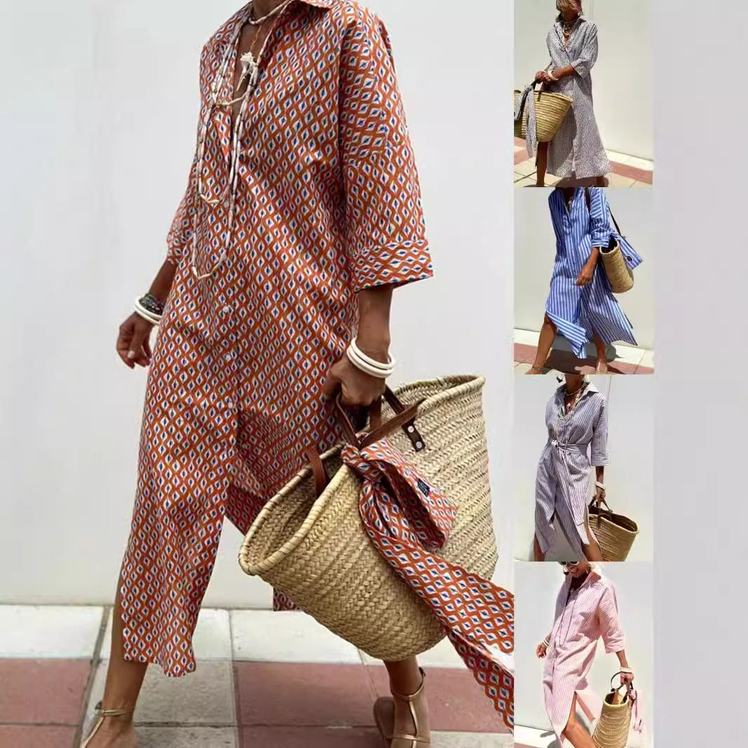Five sleeve striped slit women's shirt dress开叉衬衫连衣裙女