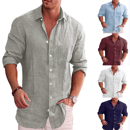 Men's loose plus size linen shirt男宽松大码亚麻翻领长袖衬衫