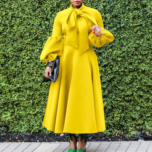 Solid color bow bubble sleeve dress纯色蝴蝶结泡泡袖连衣裙女