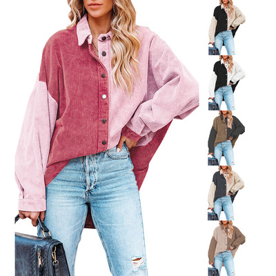 Women's color blocked corduroy loose shirt jacket衬衫外套女
