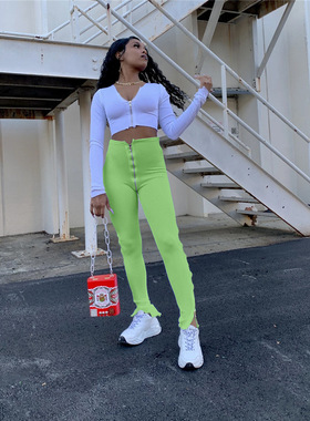 Women's tight zipper high waist split sports leggings