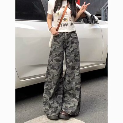 Wide leg jeans for women, loose camouflage plus size牛仔裤女