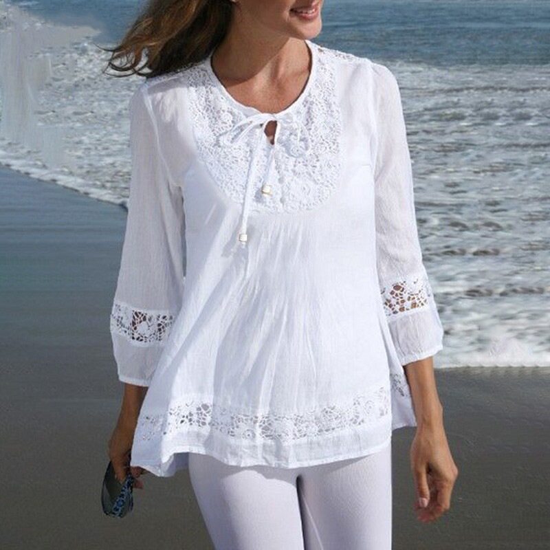 Cotton and linen patchwork lace women's top T-shirt女上衣T恤图片
