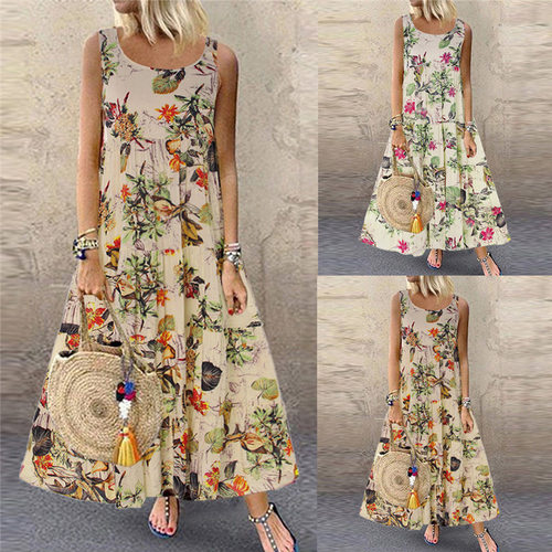 Women's printed sleeveless dress印花连衣裙女复古花卉无袖圆领