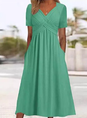 Solid color V-neck short sleeved women dressV领短袖连衣裙女