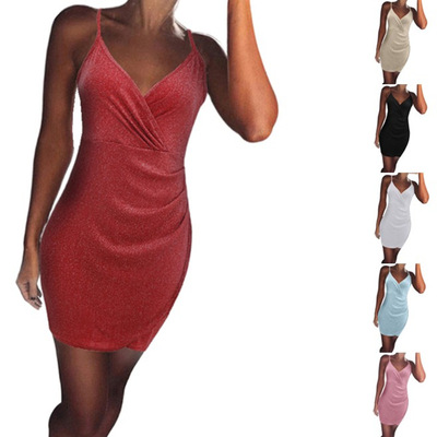 Sexy V-neck shiny and sparkling pleated slit suspender dress