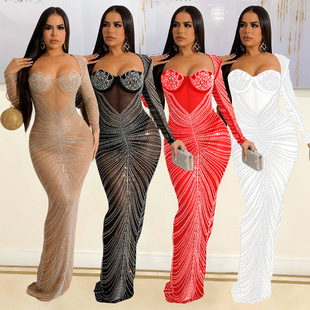 Dress Gown Women Mesh Straps Maxi Spagetti Party Sheer