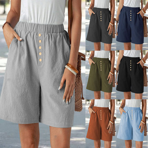 Women's loose pocket cotton and linen shorts女宽松棉麻短裤