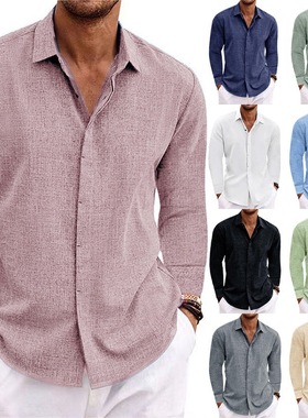 Men's linen long sleeved T-shirt shirt男装亚麻长袖T恤衬衫