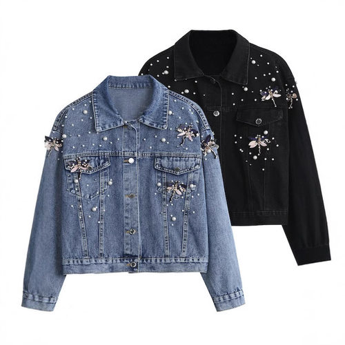 Long sleeved denim jacket women五只蜻蜓钉珠长袖牛仔外套女