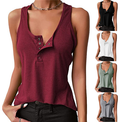 Women Sleeveless Button Tank Top Solid Color Euro Style