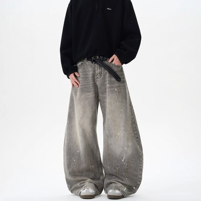 Men's retro splashed ink curved knife wide leg jeans男牛仔裤