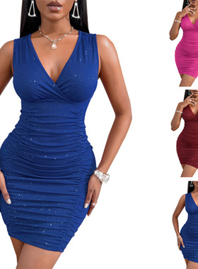 Ladies Bright Silk V-Neck Hip Skirt 女士纯色亮丝V领包臀短裙